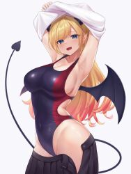 Rule 34 | 1girl, :d, absurdres, armpits, arms up, black skirt, blonde hair, blue eyes, blue one-piece swimsuit, breasts, clothes lift, clothes pull, commentary, competition swimsuit, covered navel, demon girl, demon horns, demon tail, demon wings, gradient hair, highres, hololive, horns, large breasts, looking at viewer, multicolored hair, nekorone0222, one-piece swimsuit, open mouth, pointy ears, red hair, revision, shirt lift, simple background, skirt, skirt pull, smile, solo, swept bangs, swimsuit, symbol-only commentary, tail, virtual youtuber, white background, wings, yuzuki choco