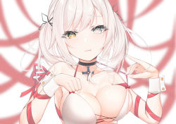 Rule 34 | 1girl, absurdres, arm ribbon, bikini, black choker, breasts, choker, collarbone, commentary request, eyes visible through hair, fang, fang out, grey eyes, hair ornament, halterneck, hands up, heart, heart-shaped pupils, heterochromia, highres, infinity (kkx132), large breasts, long hair, looking at viewer, original, paw pose, red ribbon, ribbon, silver hair, solo, strap lift, swimsuit, symbol-shaped pupils, twintails, upper body, white bikini, wrist cuffs, yellow eyes