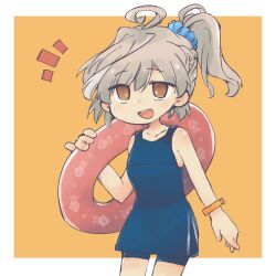 Rule 34 | 1girl, :d, ahoge, alternate hairstyle, animal print, arm at side, assault lily, bare arms, bare shoulders, blue one-piece swimsuit, blue scrunchie, blush, border, braid, casual one-piece swimsuit, collarbone, commentary request, fish print, french braid, grey hair, hair between eyes, hair ornament, hair scrunchie, hand up, high ponytail, highres, holding, holding swim ring, innertube, looking at viewer, multicolored hair, no pupils, notice lines, one-piece swimsuit, open mouth, orange background, orange eyes, outside border, ponytail, print innertube, sasaki ran, scrunchie, short hair, simple background, smile, solo, standing, streaked hair, swim ring, swimsuit, teeth, toyo (sameden46), upper teeth only, white border, wristband