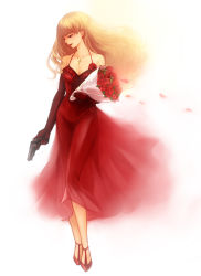 Rule 34 | 1girl, bare shoulders, blonde hair, bouquet, breasts, cleavage, cross, dress, earrings, elbow gloves, elysion, flower, gloves, gun, handgun, jewelry, lipstick, long dress, long hair, looking down, makeup, nanamura, necklace, petals, red dress, revolver, rose, sandals, simple background, sleeveless, sleeveless dress, solo, sound horizon, stardust, weapon, white background, wind