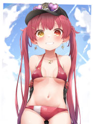 Rule 34 | 1girl, absurdres, aged down, bikini, blush, breasts, hair ribbon, hat, heterochromia, highres, hololive, houshou marine, houshou marine (summer), large breasts, long hair, looking at viewer, open mouth, pepushi drow, red eyes, red hair, ribbon, smile, solo, swimsuit, twintails, virtual youtuber, yellow eyes