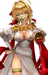 Rule 34 | absurdres, ahoge, alcohol, blonde hair, breasts, cape, chalice, cleavage, crystal, cup, detached sleeves, dress, drink, fate/grand order, fate (series), flower, flower in mouth, gem, gold, gold bracelet, gold trim, greco-roman clothes, green eyes, hair intakes, hair ribbon, hand on own hip, highres, large breasts, legband, looking at viewer, miyayosh, nero claudius (fate), nero claudius (fate) (all), nero claudius (fate/extra), nero claudius (formal dress) (fate), official alternate costume, pouring, puffy sleeves, red cape, red flower, red rose, ribbon, roman clothes, rose, simple background, sleeveless, sleeveless dress, solo, white dress, wine