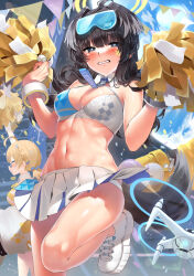 Rule 34 | 2girls, ahoge, animal ears, bare shoulders, black hair, blonde hair, blue archive, blue eyes, blue sky, blush, bracelet, braid, breasts, cheerleader, cleavage, clenched teeth, confetti, criss-cross halter, dog ears, dog tail, drone, eyewear on head, goggles, halo, halterneck, hibiki (blue archive), hibiki (cheer squad) (blue archive), highres, holding, holding pom poms, jewelry, kawai (purplrpouni), kotori (blue archive), kotori (cheer squad) (blue archive), large breasts, long hair, looking at viewer, low twintails, millennium cheerleader outfit (blue archive), miniskirt, multiple girls, navel, pleated skirt, pom pom (cheerleading), pom poms, ponytail, revision, shoes, short hair, short twintails, sidelocks, skirt, sky, sneakers, sports bra, star sticker, sticker on face, tail, teeth, thighs, twintails, white skirt