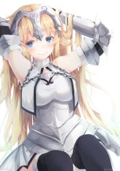 Rule 34 | 1girl, armor, armpits, arms behind head, arms up, bad id, bad pixiv id, black thighhighs, blonde hair, blue eyes, blush, breasts, chain, closed mouth, fate/grand order, fate (series), faulds, gauntlets, headpiece, highres, jeanne d&#039;arc (fate), jeanne d&#039;arc (ruler) (fate), jeanne d&#039;arc (third ascension) (fate), large breasts, long hair, looking at viewer, shiromoru (yozakura rety), smile, solo, thighhighs, very long hair