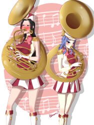 Rule 34 | 2girls, absurdres, band outfit, black hair, bloom225, blue hair, blush, bow, gloves, height difference, highres, instrument, multiple girls, musical note, skirt, sousaphone