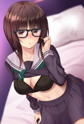 Rule 34 | 1girl, bed, bed sheet, black-framed eyewear, black bra, black shirt, black skirt, bra, breasts, brown eyes, brown hair, clothes lift, glasses, green neckwear, hand up, huyumitsu, indoors, long sleeves, looking at viewer, medium breasts, medium hair, navel, on bed, original, paid reward available, photoshop (medium), pillow, playing with hair, playing with own hair, pleated skirt, sailor collar, school uniform, serafuku, shirt, shirt lift, sitting, skirt, sleeve cuffs, solo, stomach, underwear, white sailor collar