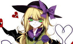 Rule 34 | 1girl, alternate hair color, alternate hair length, alternate hairstyle, black hat, blonde hair, blush stickers, bow, chinese commentary, collarbone, commentary request, frilled shirt collar, frills, gap (touhou), green eyes, green shirt, hair between eyes, hat, hat bow, heart, heart of string, koishi komeiji&#039;s heart-throbbing adventure, komeiji koishi, long hair, looking at viewer, purple bow, sheya, shirt, simple background, smile, solo, third eye, touhou, upper body, white background