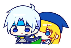 Rule 34 | 1boy, 1girl, blonde hair, blue cape, blue eyes, blue headband, blue headwear, cape, capelet, chibi, closed mouth, clothes in mouth, frown, headband, highres, madou monogatari, no pupils, offbeat, puyopuyo, schezo wegey, short hair, simple background, white background, white capelet, white hair, witch (puyopuyo)