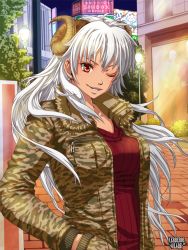 Rule 34 | 1girl, artist request, character request, copyright name, earrings, grey hair, hand in pocket, horns, jacket, jewelry, kerberos blade, long hair, one eye closed, open clothes, open jacket, red eyes, sheep horns, sky, smile, solo, tree