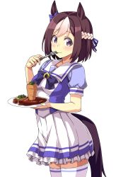 Rule 34 | 1girl, animal ears, bow, braid, breasts, brown hair, carrot, commentary request, ear ribbon, food, fork, french braid, highres, holding, holding fork, holding plate, horse ears, horse girl, horse tail, looking at viewer, macaroni hourensou, meat, medium breasts, multicolored hair, plate, pleated skirt, puffy short sleeves, puffy sleeves, purple eyes, purple ribbon, purple shirt, ribbon, school uniform, shirt, short sleeves, simple background, skirt, smile, solo, special week (umamusume), steak, tail, thighhighs, tracen school uniform, two-tone hair, umamusume, utensil in mouth, white background, white hair, white skirt, white thighhighs