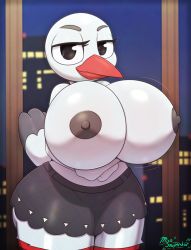 Rule 34 | 1girl, animal, animal crossing, arms under breasts, beak, bird, bird girl, bird tail, black eyes, bouncing breasts, breast press, breasts, breasts out, breasts squeezed together, building, colored skin, curvy, female focus, highres, huge breasts, indoors, looking at viewer, miniskirt, miso souperstar, multicolored skin, naughty face, night, night sky, nintendo, nipples, pale skin, presenting, seductive smile, skirt, sky, smile, smirk, solo, standing, striped legwear, tail, thick thighs, thighs, topless, two-tone skin, uncensored, video game, white skin, wide hips
