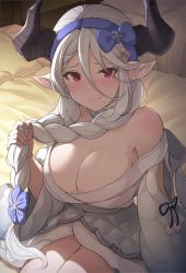 Rule 34 | 1girl, bed, bed sheet, blue bow, bow, braid, breasts, cleavage, collarbone, front braid, granblue fantasy, hair ornament, hinami (hinatamizu), holding, holding hair, horns, izmir, japanese clothes, kimono, large breasts, long hair, looking at viewer, low-tied long hair, mole, mole under mouth, off shoulder, on bed, pointy ears, red eyes, sitting, sweat, twin braids, white hair, white kimono, wide sleeves