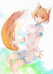 Rule 34 | 1girl, animal ears, blonde hair, blush, bow, breasts, fox ears, fox tail, green background, green bow, hair between eyes, highres, jumpsuit, kudamaki tsukasa, looking to the side, medium breasts, open mouth, ra mun5239, short hair, short sleeves, smile, solo, standing, tail, touhou, white background, white jumpsuit, white sleeves, yellow eyes