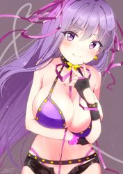 Rule 34 | 1girl, :q, artist name, asymmetrical gloves, bad id, bad pixiv id, bare arms, bare shoulders, bb (fate), bb (fate) (all), bb (swimsuit mooncancer) (fate), bead bracelet, beads, belt, bikini, black gloves, black shorts, blush, bracelet, breast hold, breasts, cleavage, closed mouth, collar, commentary request, cowboy shot, earrings, fate/grand order, fate (series), fingerless gloves, gloves, hair ribbon, halterneck, highleg, highleg bikini, highres, jewelry, large breasts, long hair, looking at viewer, micro shorts, mismatched gloves, nail polish, navel, neck ribbon, open fly, purple bikini, purple eyes, purple hair, purple ribbon, ribbon, sana hamada, short shorts, shorts, simple background, smile, solo, star (symbol), star earrings, swimsuit, tongue, tongue out, very long hair