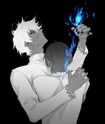 Rule 34 | 2boys, arjuna (fate), arm around shoulder, arrow (projectile), black background, black eyes, black hair, black nails, blue fire, commentary request, dark-skinned male, dark skin, fate/grand order, fate (series), fire, from behind, gloves, hair between eyes, indian clothes, long sleeves, male focus, multiple boys, smirk, spot color, upper body, white gloves, white hair, yamakawatani