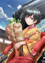 Rule 34 | 10s, 1girl, abazu-red, ahoge, artist name, bag, black eyes, black hair, closed mouth, cloud, cloudy sky, commentary request, day, floral print, flower, girls und panzer, grocery bag, highres, holding, isuzu hana, japanese clothes, kimono, long hair, long sleeves, looking at viewer, outdoors, print kimono, rickshaw, shopping bag, signature, sitting, sky, smile, solo, wide sleeves, yellow kimono