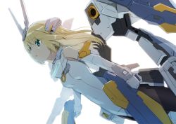 Rule 34 | 10s, 1girl, bad id, bad twitter id, baselard, blonde hair, bodysuit, elbow gloves, frame arms girl, from side, gloves, gotyou, green eyes, headgear, leotard, long hair, mecha musume, parted lips, simple background, solo, white background, white leotard