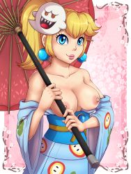 Rule 34 | 1girl, absurdres, alternate costume, bare shoulders, blonde hair, blue eyes, boo (mario), breasts, breasts out, collarbone, evomanaphy, fire flower, hair ornament, highres, japanese clothes, kimono, lips, long hair, looking at viewer, mario (series), mask, mask on head, medium breasts, nintendo, nipples, ponytail, princess peach, smile, solo, super mario bros. 1, teeth, umbrella