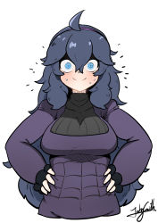 Rule 34 | 1girl, @ @, absurdres, ahoge, alternate breast size, bags under eyes, black dress, blush, commentary, creatures (company), dress, game freak, hairband, hands on own hips, hex maniac (pokemon), highres, john (a2556349), long dress, long hair, looking at viewer, messy hair, nintendo, pokemon, pokemon xy, purple hairband, signature, solo, sweat