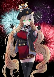Rule 34 | 1girl, absurdres, animal, animal ears, arknights, fireworks, gloves, green eyes, half gloves, highres, huge filesize, long hair, looking at viewer, official alternate costume, open mouth, sanui510, swire (arknights), swire (honor and splendor) (arknights), thighhighs, very long hair