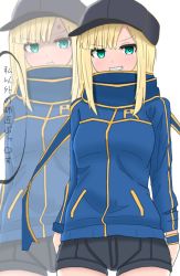 Rule 34 | 1girl, :t, anger vein, artoria pendragon (fate), atsumisu, bad id, bad pixiv id, baseball cap, black headwear, black shorts, blonde hair, blue jacket, blue scarf, blush, breasts, closed mouth, commentary request, cosplay, cowboy shot, fate/grand order, fate (series), green eyes, grin, hat, jacket, long hair, lord el-melloi ii case files, multiple views, mysterious heroine x (fate), mysterious heroine x (fate) (cosplay), pout, reines el-melloi archisorte, scarf, short shorts, shorts, simple background, small breasts, smile, translation request, v-shaped eyebrows, white background, wristband, zoom layer