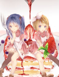 Rule 34 | 2girls, :p, apron, bad id, bad pixiv id, blonde hair, blue eyes, blue hair, blueberry, brown footwear, cake, commentary request, dress, food, fruit, hatsune miku, highres, holding, kagamine rin, leaf, looking at viewer, mini person, minigirl, multiple girls, one eye closed, plate, puffy short sleeves, puffy sleeves, red dress, shiromi, shoes, short sleeves, single thighhigh, smile, strawberry, syrup, thighhighs, tongue, tongue out, twintails, vocaloid, white background