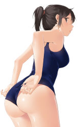 Rule 34 | 1girl, adjusting clothes, adjusting swimsuit, ass, bad id, bad pixiv id, bare arms, bare shoulders, black eyes, black hair, blue one-piece swimsuit, blush, breasts, cowboy shot, fingernails, from below, from side, furururu, hair tie, looking at viewer, looking back, medium breasts, nail polish, one-piece swimsuit, original, palms, parted lips, pink nails, ponytail, profile, school swimsuit, shiny skin, sidelocks, sideways glance, simple background, solo, swimsuit, white background