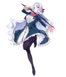 Rule 34 | 1girl, black footwear, black pantyhose, braid, cropped jacket, dress, french braid, full body, ginjou nanami, grey eyes, highres, holding, holding sword, holding weapon, leg up, long hair, long sleeves, looking at viewer, official art, omega labyrinth, omega labyrinth life, pantyhose, parted bangs, simple background, solo, strappy heels, sword, u35, very long hair, weapon, white background, white hair