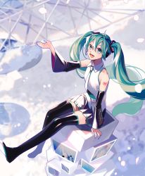 Rule 34 | 1girl, :d, aqua necktie, black footwear, black skirt, black sleeves, blue eyes, blurry, blurry background, boots, collared shirt, detached sleeves, floating hair, full body, green hair, hair between eyes, hatsune miku, headphones, headset, highres, long hair, long sleeves, microphone, miniskirt, necktie, open mouth, pleated skirt, redbjelly, shirt, sitting, skirt, sleeveless, sleeveless shirt, smile, solo, thigh boots, thighhighs, twintails, very long hair, vocaloid, white shirt, wing collar, zettai ryouiki