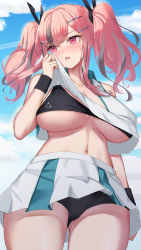 Rule 34 | 1girl, absurdres, azur lane, bare arms, bare shoulders, blush, breasts, bremerton (azur lane), bremerton (scorching-hot training) (azur lane), grey hair, hair ornament, hairclip, highres, large breasts, long hair, marumai, multicolored hair, navel, official alternate costume, outdoors, parted lips, pink eyes, pink hair, pleated skirt, skirt, sleeveless, solo, streaked hair, sweat, thighs, twintails, two-tone skirt, underboob
