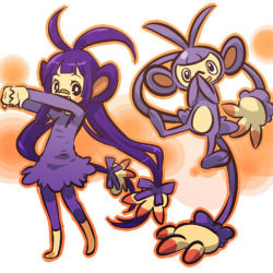 Rule 34 | 00s, 1girl, ambipom, animal ears, antenna hair, bandaid, bandaid on face, bandaid on nose, barefoot, blush stickers, covering face, covering own mouth, covering privates, cracking knuckles, creatures (company), dress, full body, game freak, gen 4 pokemon, hitec, long hair, moemon, multiple tails, nintendo, personification, pokemon, pokemon (creature), pokemon dppt, purple hair, tail, twintails, very long hair