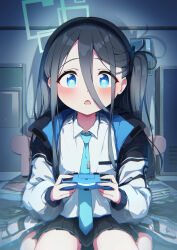 Rule 34 | 1girl, absurdly long hair, aris (blue archive), black hair, black hairband, black skirt, blue archive, blue eyes, blue necktie, blush, collared shirt, controller, game controller, green halo, hairband, halo, highres, holding, holding controller, holding game controller, indoors, jacket, long hair, long sleeves, looking at viewer, minazumi souka, necktie, one side up, open clothes, open jacket, open mouth, playing games, pleated skirt, ringed eyes, shirt, skirt, solo, twitter username, two-sided fabric, two-sided jacket, very long hair, white jacket, white shirt