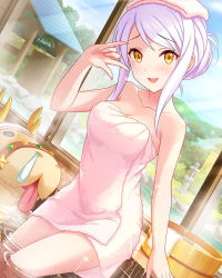 Rule 34 | 10s, 1girl, artist request, bare shoulders, bath, blitzen, blue sky, blush, breasts, cleavage, collarbone, day, eve santaclaus, fingernails, idolmaster, idolmaster cinderella girls, light purple hair, long fingernails, long hair, looking at viewer, medium breasts, naked towel, official art, onsen, open mouth, partially submerged, reindeer, ryokan, sitting, sky, smile, solo, towel, towel on head, water, wet, window, yellow eyes