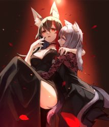 Rule 34 | animal ears, ass, bare arms, bare shoulders, black dress, black hair, breasts, cat ears, cat girl, cat tail, choker, dress, fingernails, hair between eyes, hand up, highres, hololive, hug, large breasts, long hair, looking at viewer, medium breasts, multicolored hair, nekomata okayu, ookami mio, open mouth, petals, purple eyes, purple hair, red eyes, short hair, simple background, sitting, standing, streaked hair, sue (bg-bros), tail, thighs, virtual youtuber, wolf ears, wolf girl, wolf tail