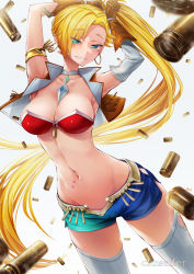 Rule 34 | 1girl, bikini, bikini top only, blonde hair, blue shorts, breasts, brown gloves, brown vest, calamity jane (fate), cleavage, cluseller, collarbone, commentary request, cropped vest, detached collar, detached sleeves, earrings, facial tattoo, fate/grand order, fate (series), fingerless gloves, gloves, green eyes, green shorts, highres, hoop earrings, jewelry, large breasts, long hair, looking at viewer, navel, open clothes, open vest, red bikini, revealing clothes, short shorts, shorts, side ponytail, single detached sleeve, skindentation, smile, solo, star tattoo, stomach tattoo, swimsuit, tattoo, thighhighs, two-tone shorts, very long hair, vest, white thighhighs, white vest