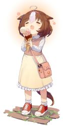Rule 34 | 1girl, absurdres, aged down, alenka, animal ears, brown hair, casual, child, collared shirt, commentary request, dress, frilled dress, frilled socks, frills, hair between eyes, highres, horse ears, horse girl, horse tail, ice cream cone, long hair, long sleeves, meisho doto (umamusume), multicolored hair, open mouth, pink dress, red footwear, shirt, shoes, short hair, sneakers, socks, solo, sparkle, tail, two-tone dress, two-tone hair, umamusume, white hair, white shirt, white socks, yellow dress