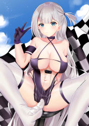 Rule 34 | absurdres, arm strap, azur lane, bare hips, black gloves, blue eyes, breasts, center opening, checkered flag, cleavage, clothing cutout, criss-cross halter, dress, flag, gloves, halter dress, halterneck, highres, kanesada dp, large breasts, long hair, looking at viewer, mole, mole under eye, navel cutout, official alternate costume, race queen, revealing clothes, shoukaku (azur lane), shoukaku (sororal wings) (azur lane), soles, thighhighs, toes, v, very long hair, white hair, white legwear
