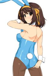 Rule 34 | 1girl, absurdres, animal ears, ass, bare shoulders, blue leotard, blush, breasts, brown eyes, brown hair, closed mouth, fake animal ears, fake tail, from behind, hair ornament, hairband, haruhisky, highres, leotard, long hair, looking at viewer, looking back, medium breasts, pantyhose, playboy bunny, rabbit tail, short hair, simple background, solo, strapless, strapless leotard, suzumiya haruhi, suzumiya haruhi no yuuutsu, sweat, sweatdrop, tail, white background