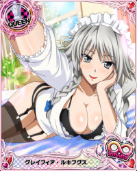 Rule 34 | 10s, 1girl, artist request, blush, bra, braid, breasts, card (medium), character name, chess piece, cleavage, garter straps, grayfia lucifuge, grey eyes, high school dxd, high school dxd infinity, large breasts, lipstick, long hair, looking at viewer, maid headdress, makeup, official art, queen (chess), red lips, silver hair, smile, solo, thighhighs, trading card, twin braids, underwear