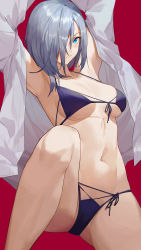 Rule 34 | 1girl, absurdres, armpits, arms up, bikini, commission, front-tie bra, girls&#039; frontline, green eyes, grey hair, hair between eyes, hair over one eye, highres, leg up, mg5 (girls&#039; frontline), open clothes, open shirt, panties, pixiv commission, purple bikini, red background, ren huozhe, shirt, short hair, simple background, string panties, swimsuit, underwear, white shirt