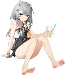 Rule 34 | 1girl, barefoot, black one-piece swimsuit, bracelet, closed mouth, collarbone, cup, drink, drinking straw, full body, grey eyes, grey hair, hair ornament, headgear, holding, holding drink, hoshiakari (c2 kikan), i-201 (kancolle), jewelry, kantai collection, long hair, official art, one-piece swimsuit, polka dot, polka dot swimsuit, pout, solo, swimsuit, torn clothes, torn swimsuit, transparent background, x hair ornament
