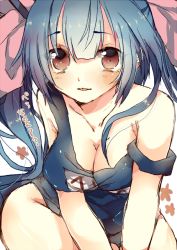 Rule 34 | 10s, 1girl, bare shoulders, blue hair, breasts, cleavage, i-19 (kancolle), ikusa (puchi), kantai collection, looking at viewer, medium breasts, off shoulder, one-piece swimsuit, personification, red eyes, school swimsuit, sketch, solo, swimsuit, translation request, twintails