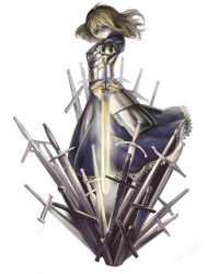Rule 34 | 1girl, ahoge, armor, armored dress, artoria pendragon (fate), blonde hair, dress, excalibur (fate/stay night), fate/stay night, fate/zero, fate (series), field of blades, gauntlets, glowing, glowing sword, glowing weapon, green eyes, hair down, hand on hilt, highres, long hair, maz (fanxuying), planted sword, planted, saber (fate), solo, sword, weapon