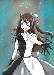 Rule 34 | 1girl, air bubble, aqua eyes, artist name, artist request, back bow, bare shoulders, belt, black dress, black gloves, black skirt, blue eyes, blush, bow, breasts, brown hair, bubble, buttons, choker, cleavage, collarbone, dress, drop earrings, earrings, female focus, gloves, grey belt, grey bow, grey skirt, hair between eyes, hair bow, high ponytail, jewelry, lace, lace gloves, long hair, looking at viewer, love live!, love live! nijigasaki high school idol club, love live! school idol festival, multicolored clothes, necklace, off-shoulder dress, off shoulder, osaka shizuku, parted lips, ponytail, reaching, reaching towards viewer, sidelocks, skirt, sleeveless, sleeveless dress, small breasts, smile, solitude rain (love live!), solo, teeth, two-tone dress, white bow, white dress, white skirt