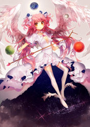 Rule 34 | 10s, 1girl, ankle wings, bow, choker, cleavage cutout, clothing cutout, dress, earth (planet), gloves, hair bow, hair ribbon, kaname madoka, long hair, mahou shoujo madoka magica, namie-kun, parted lips, pink hair, planet, ribbon, solo, space, spoilers, stick, thighhighs, twintails, two side up, ultimate madoka, wings, yellow eyes