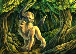 Rule 34 | absol, animal focus, claws, closed mouth, creatures (company), game freak, gen 3 pokemon, grass, horns, nintendo, no humans, pokemon, pokemon (creature), red eyes, signature, single horn, splatterparrot, standing, tree