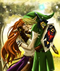 Rule 34 | 1boy, 1girl, aged up, apron, blonde hair, blue eyes, blush, brown hair, celtic magician, couple, fairy, fingerless gloves, forest, gloves, grass, hand on another&#039;s face, hands on another&#039;s cheeks, hands on another&#039;s face, hat, hetero, hug, hylian shield, kiss, link, long hair, malon, master sword, nature, navi, nintendo, pointy ears, sheath, sheathed, shield, shield on back, short hair, skirt, sword, the legend of zelda, the legend of zelda: ocarina of time, triforce, very long hair, waist apron, weapon