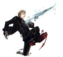 Rule 34 | 1boy, animal print, black jacket, brown hair, cowboy shot, dagger, final fantasy, final fantasy xv, floating, floating object, floating sword, floating weapon, glasses, gloves, hair up, ignis scientia, jacket, kicking, knife, leopard print, mad369, male focus, smile, solo, standing, standing on one leg, suit jacket, sword, weapon