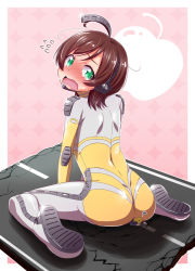 Rule 34 | 10s, 1girl, ahoge, apple, ass, blush, bodysuit, brown hair, flying sweatdrops, food, fruit, giant, giantess, green eyes, headphones, idol heroes (idolmaster), idolmaster, idolmaster million live!, kinoshita hinata, looking back, natsumi akira, open mouth, p-head producer, patterned background, producer (idolmaster), sitting, sitting on person, wariza