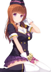 Rule 34 | 10s, 1girl, adjusting hair, blunt bangs, breasts, brown hair, epaulettes, gloves, hat, large breasts, looking at viewer, love live!, love live! school idol project, purple eyes, sitting, siva (executor), smile, solo, thighhighs, wariza, white background, white gloves, white thighhighs, yuki anju